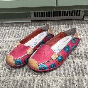 Comfortable Leather Floral Print Flats Casual Driving Loafer Shoes Pink Size 36